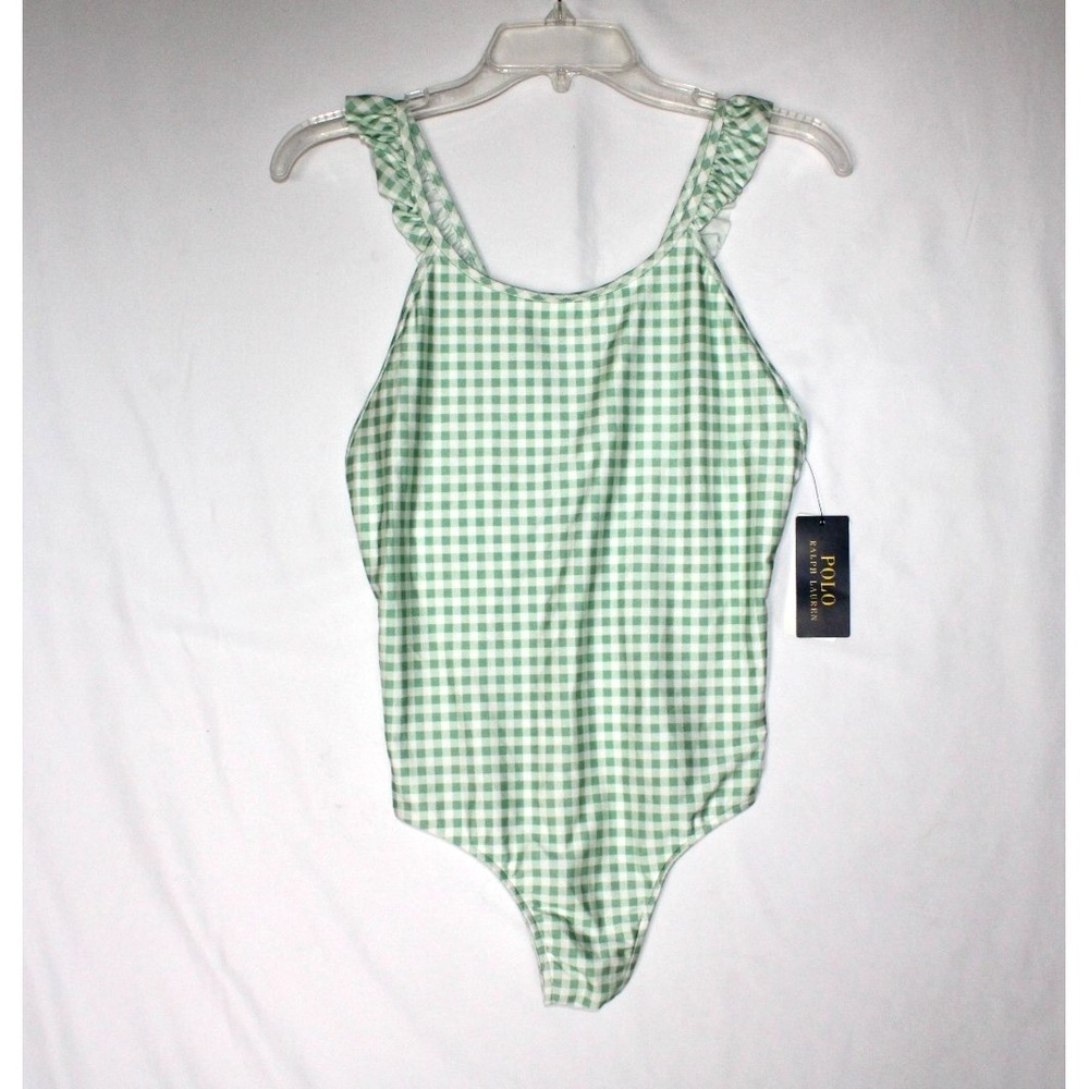 Polo Ralph Lauren Girls Green Gingham Checkered One-Piece Swim Suit Ruffle 16